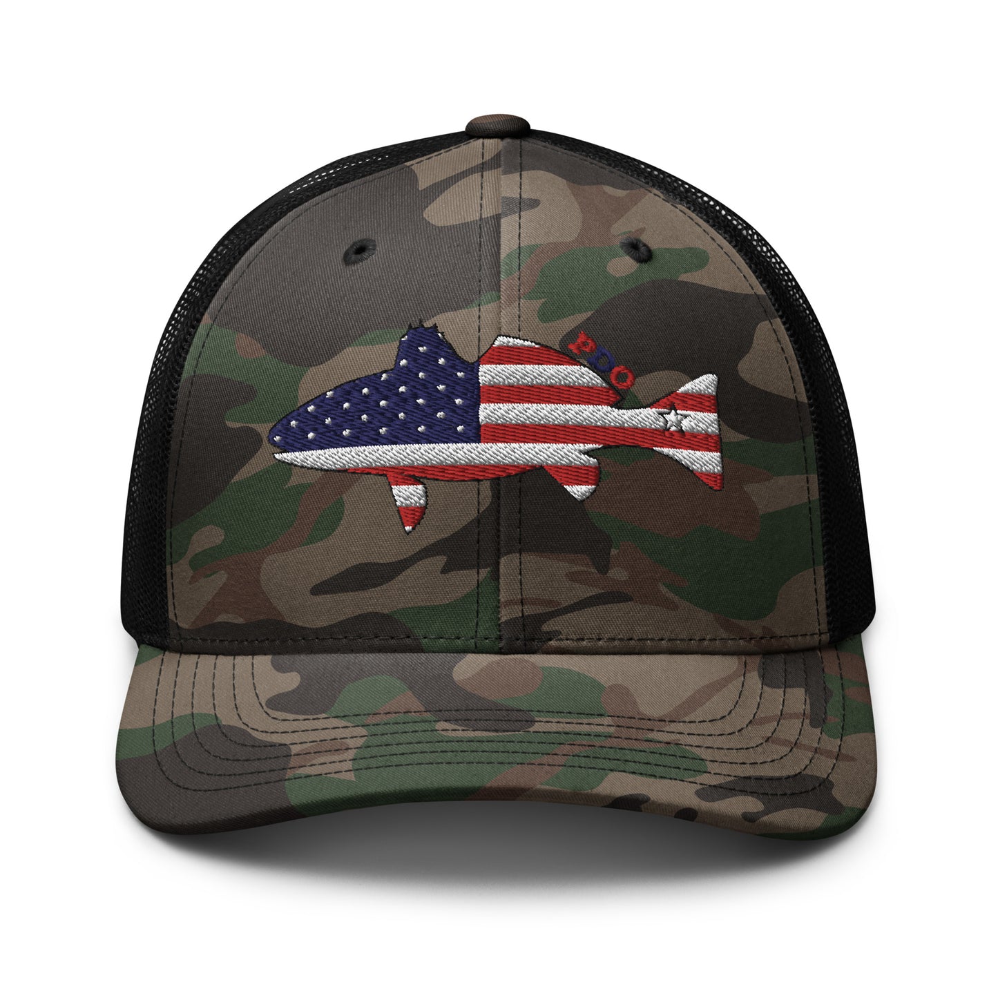 Camo Freedom Fin Redfish Patriot Trucker Hat(black hat facing forward)