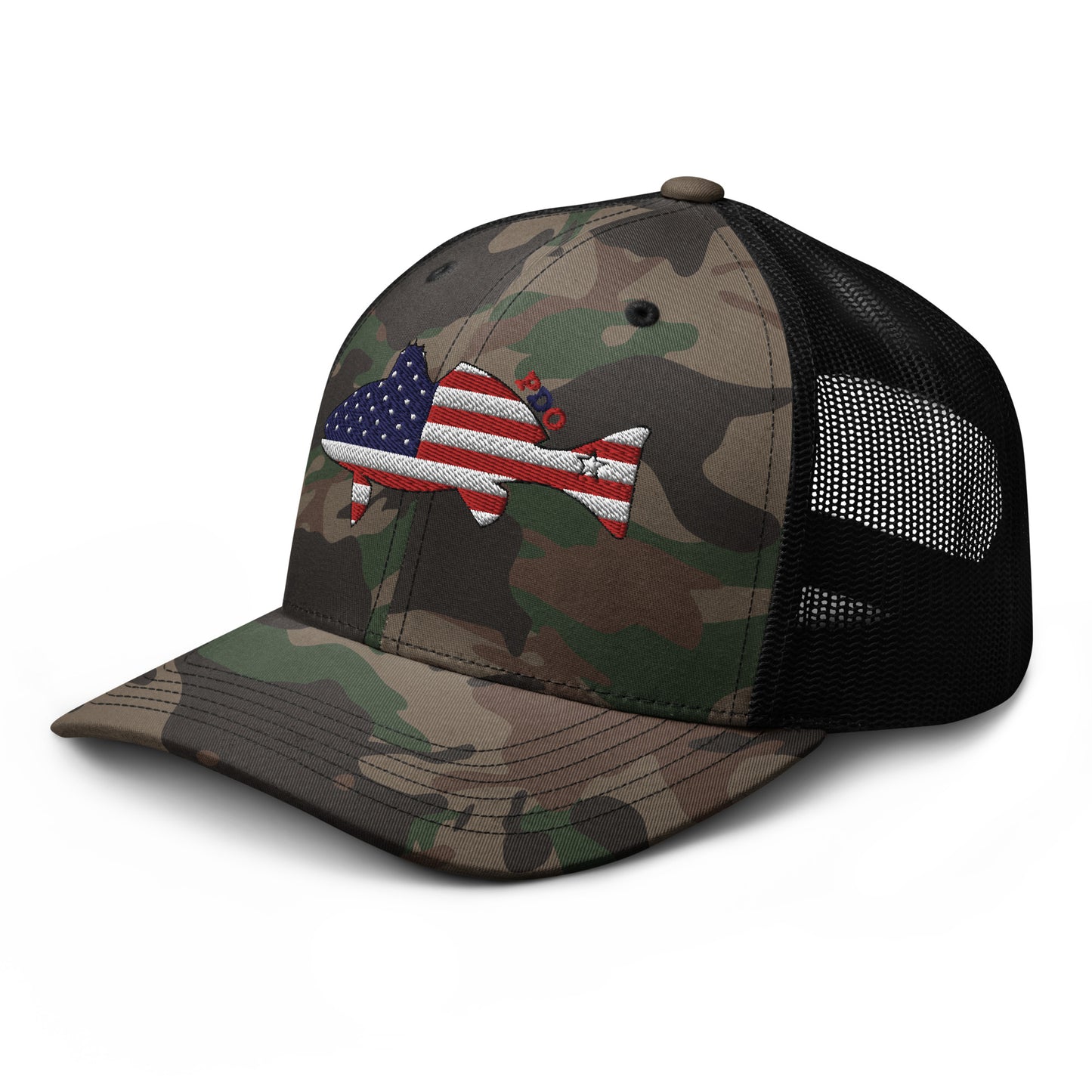 Camo Freedom Fin Redfish Patriot Trucker Hat(green (black hat facing left)