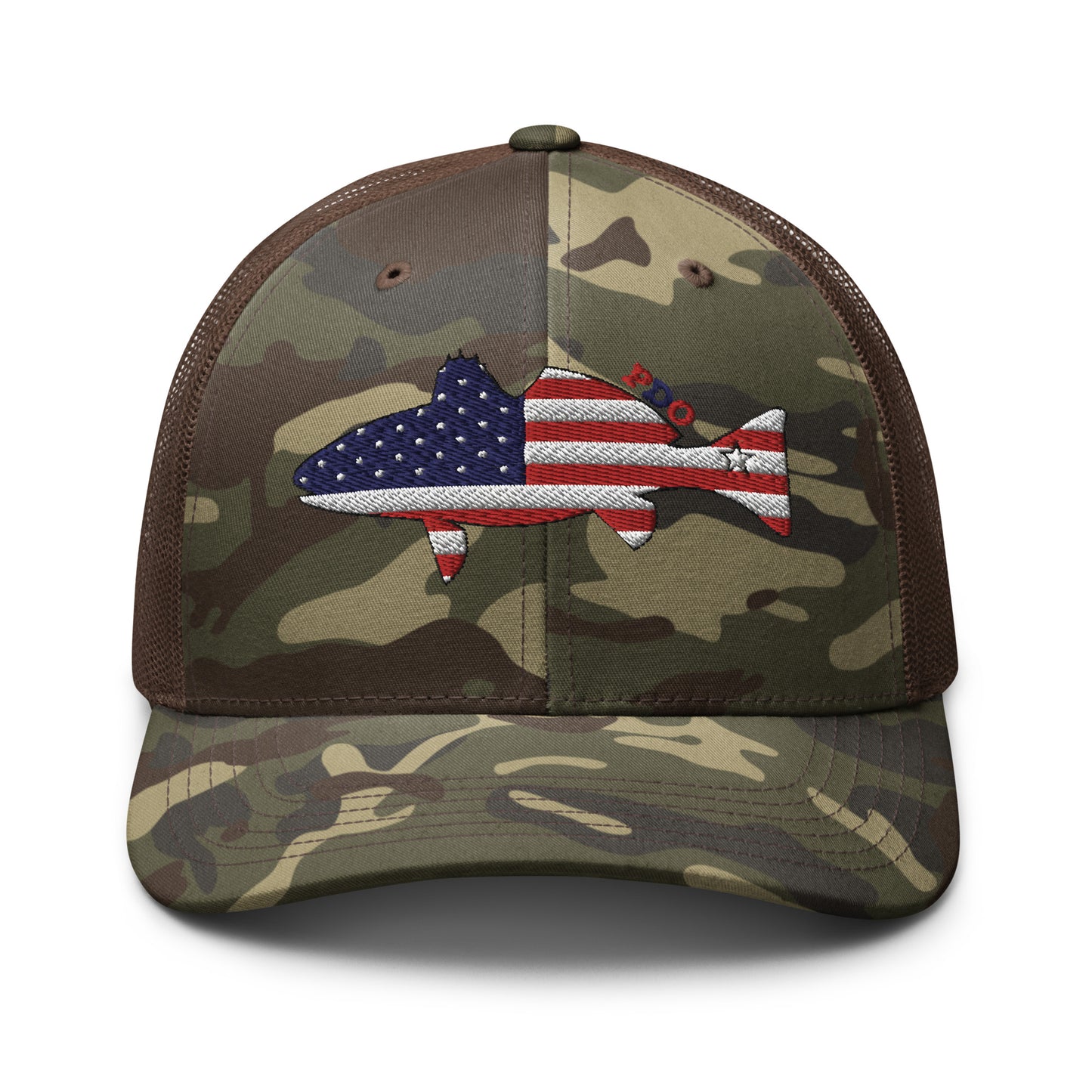 Camo Freedom Fin Redfish Patriot Trucker Hat(green color facing forward)