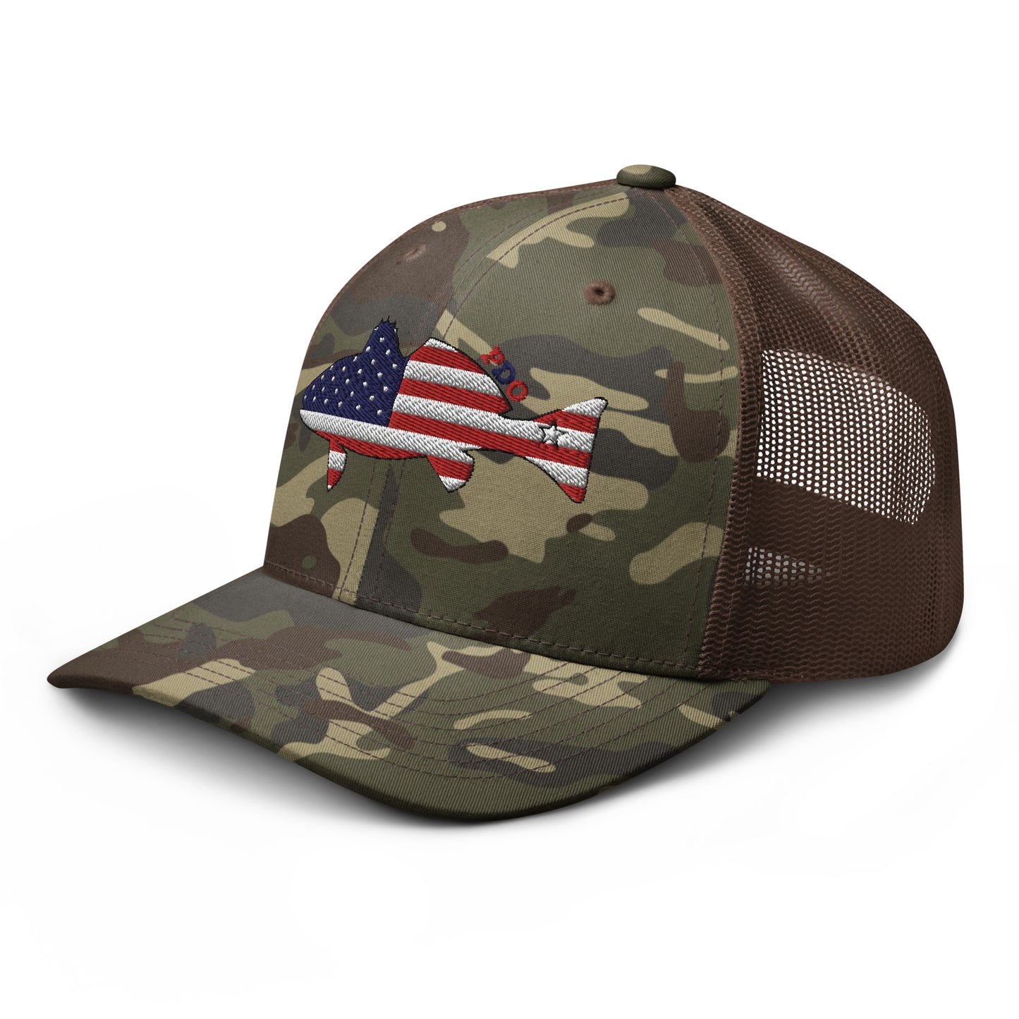 Camo Freedom Fin Redfish Patriot Trucker Hat(green color facing left)