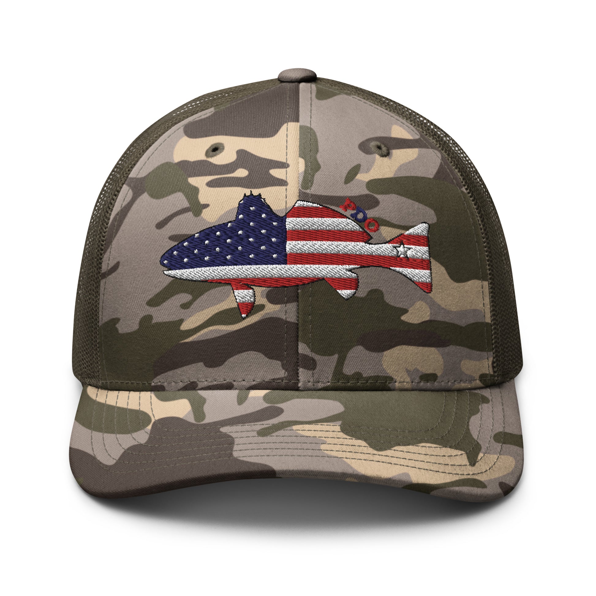 Camo Freedom Fin Redfish Patriot Trucker Hat(olive hat facing forward)