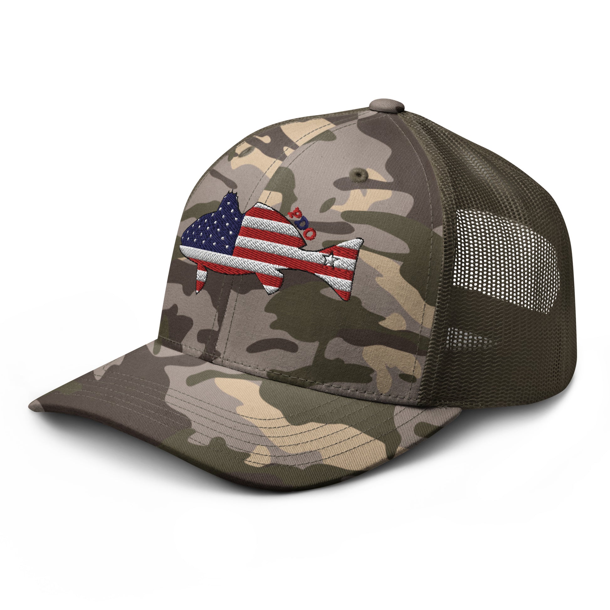 Camo Freedom Fin Redfish Patriot Trucker Hat(olive color facing right)