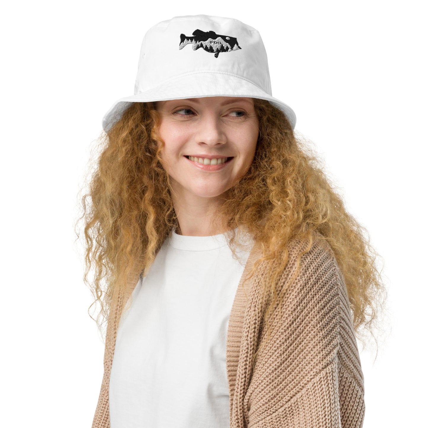 Bass Mountain Night Sky Organic Bucket Hat white (A woman wearing hat)